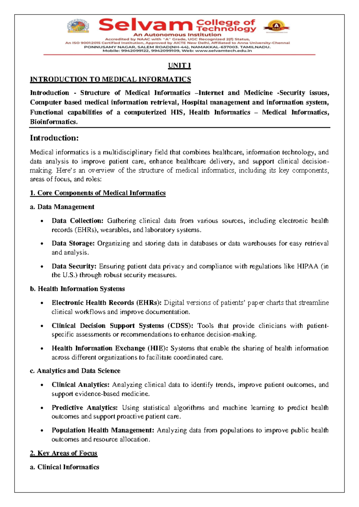 Unit I: Introduction to Medical Informatics - Key Concepts and Applications - Document Preview