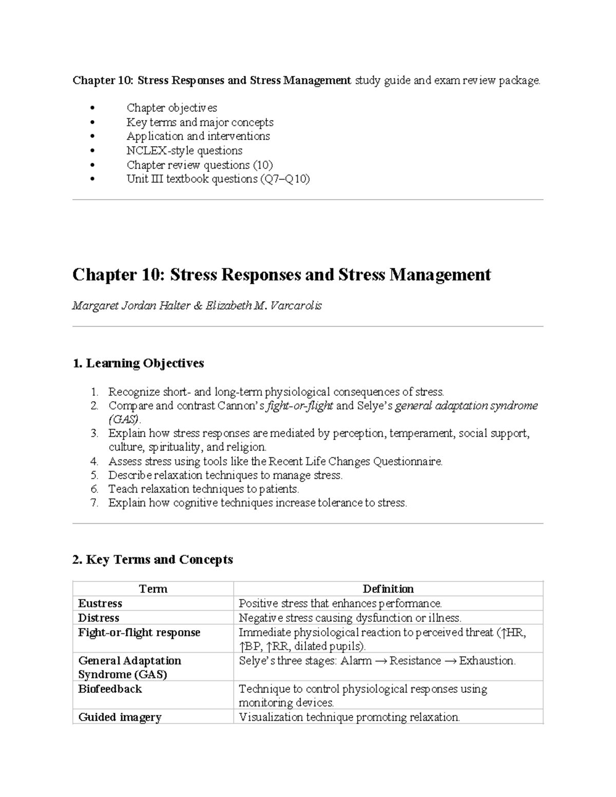 Chapter 10: Stress Responses & Management Study Guide (Exam Review ...