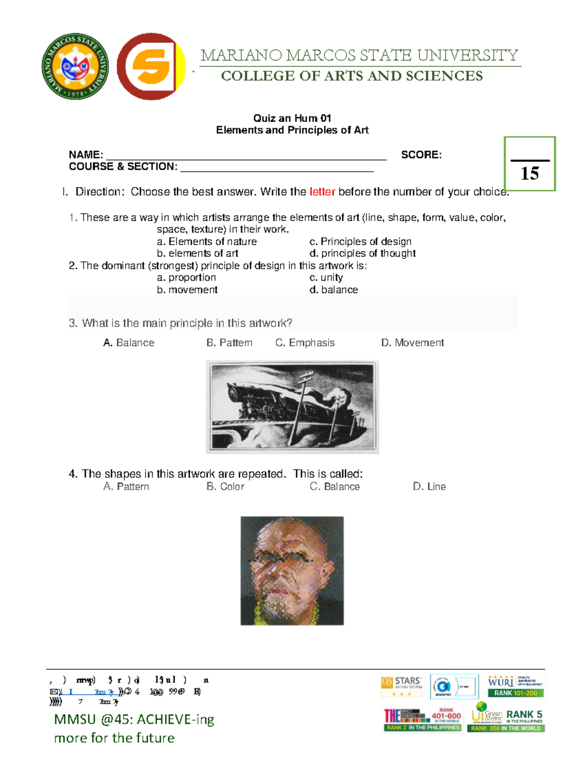 Quiz HUM 01: Elements and Principles of Art at MMSU - Studocu