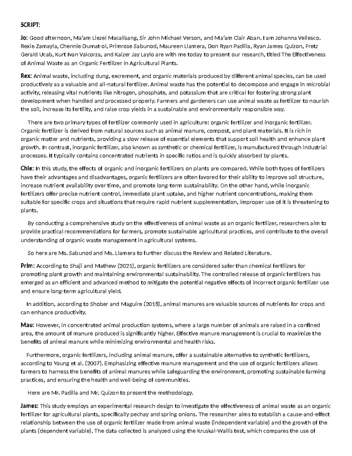 RESEARCH SCRIPT: Effectiveness of Animal Waste as Organic Fertilizer ...
