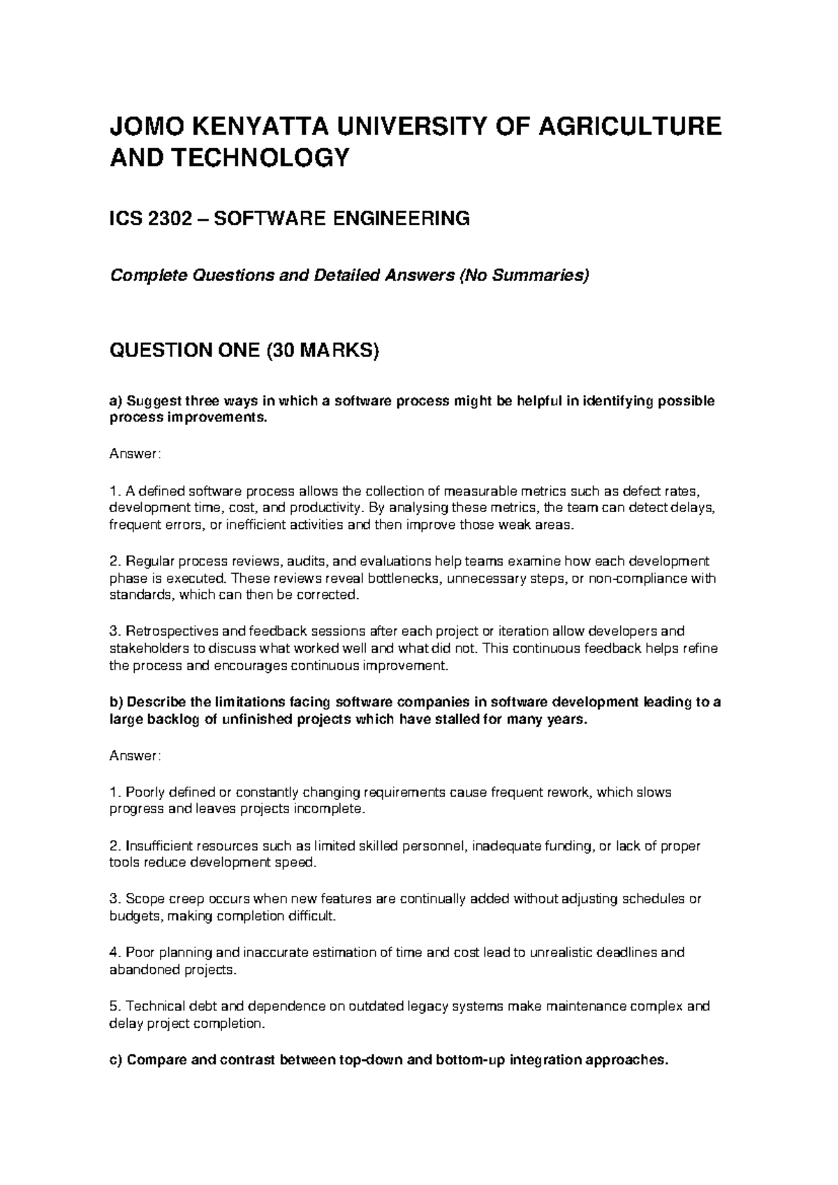 ICS 2302 Software Engineering Complete Q&A with Detailed Answers - Studocu