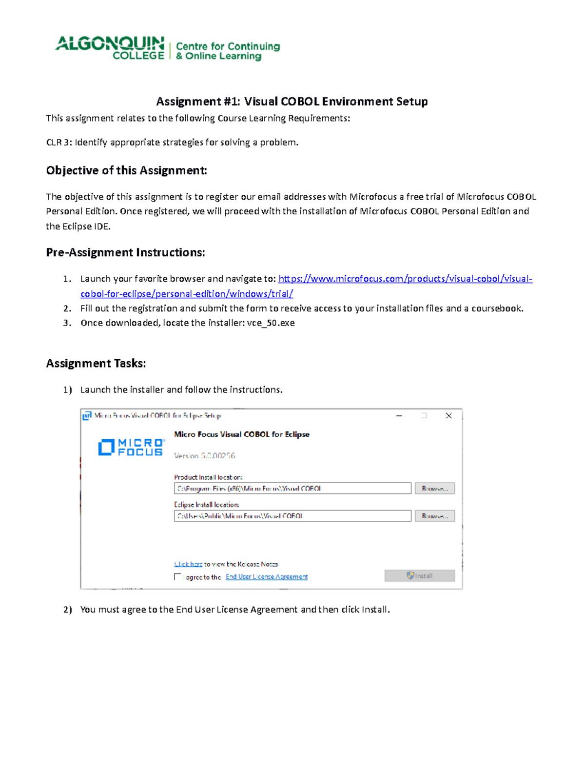 CST8283 Assignment #1 - Visual COBOL Environment Setup Guide - Studocu
