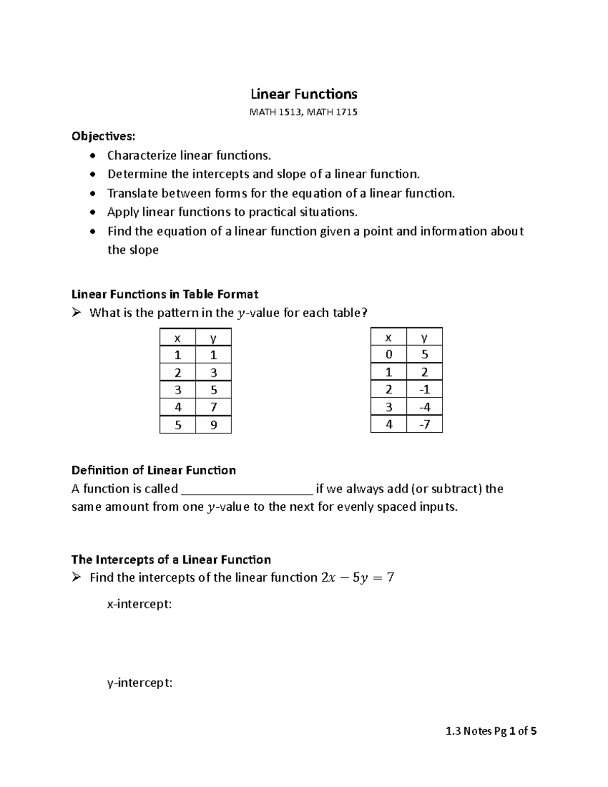 Linear Functions Course Notes - MATH 1513, MATH 1715 - Linear Functions ...
