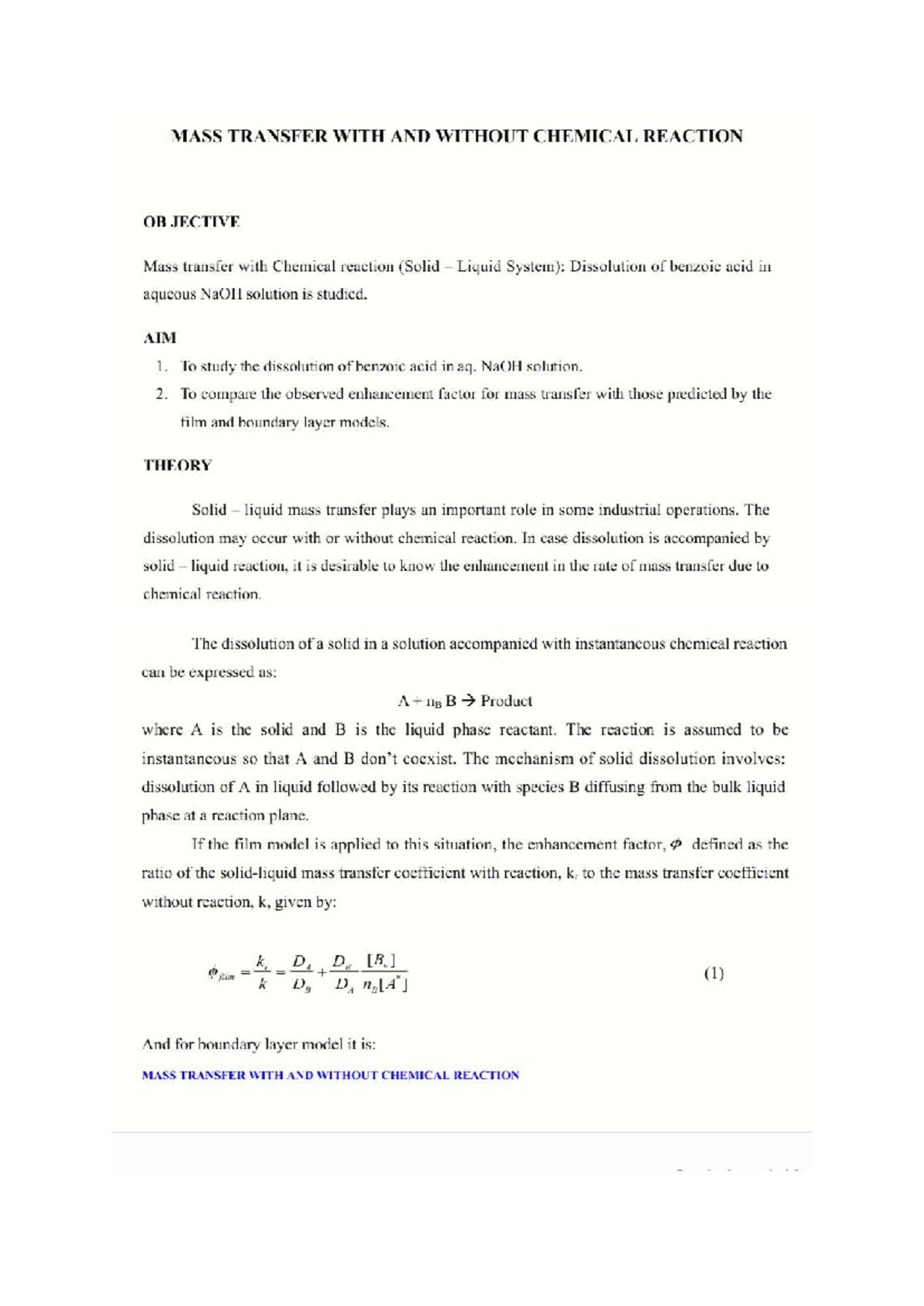 MASS TRANSFER WITH CHEMICAL REACTION: DISSOLUTION OF BENZOIC ACID - Studocu