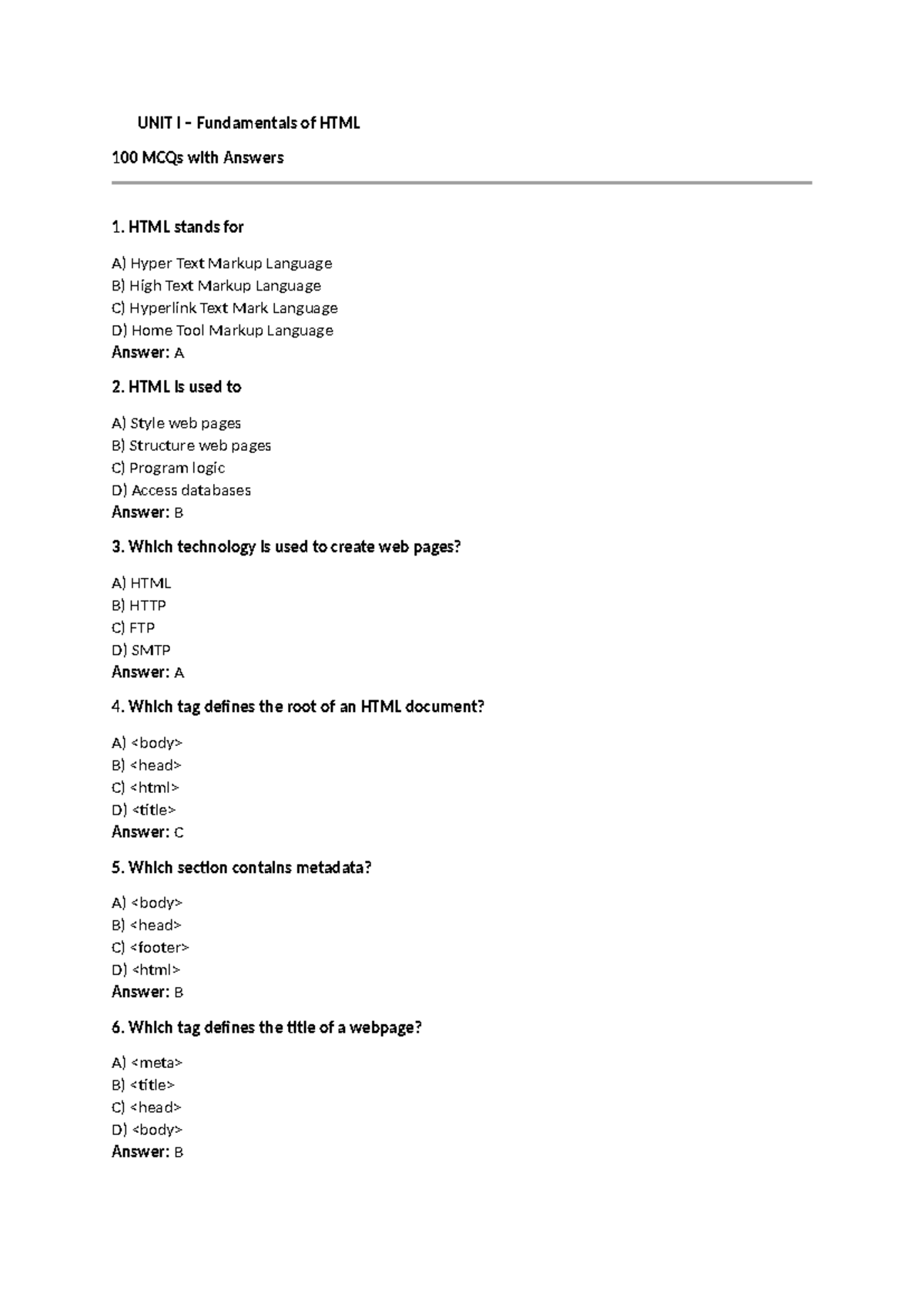 HTML 100 MCQs with Answers - Unit I & II Overview - Studocu