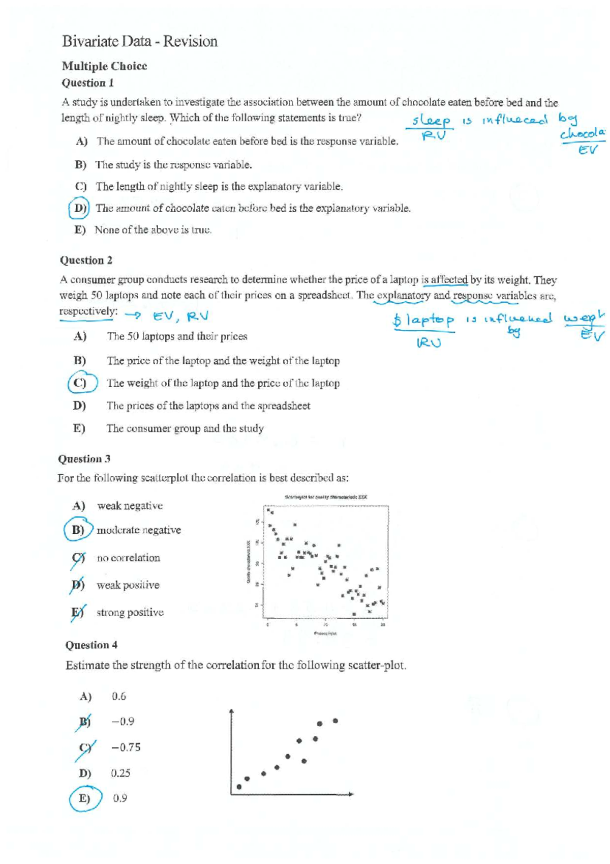 Bivariate Data Revision MCQs & Solutions - Course Code 10 - Studocu