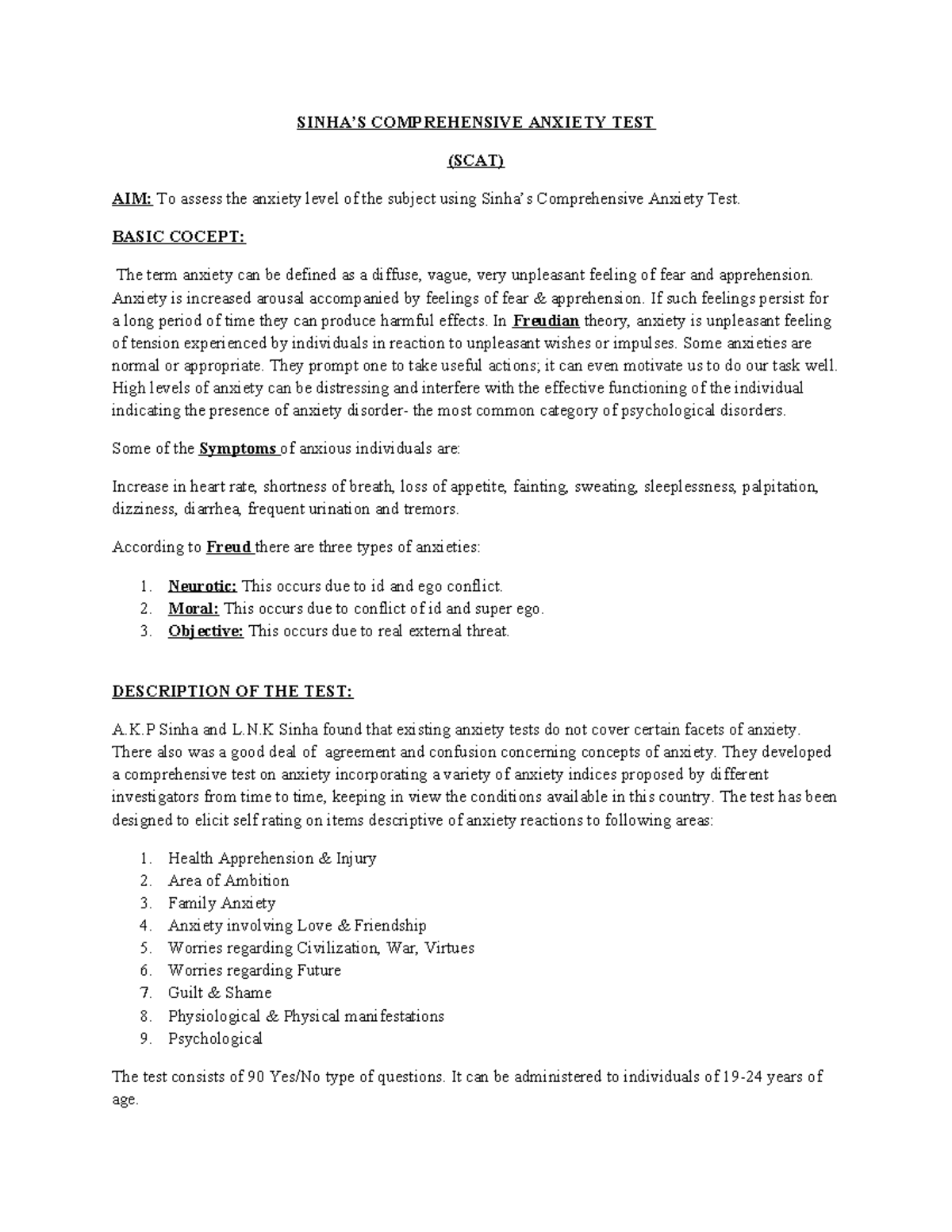SCAT Comprehensive Anxiety Test Overview and Methodology - Studocu