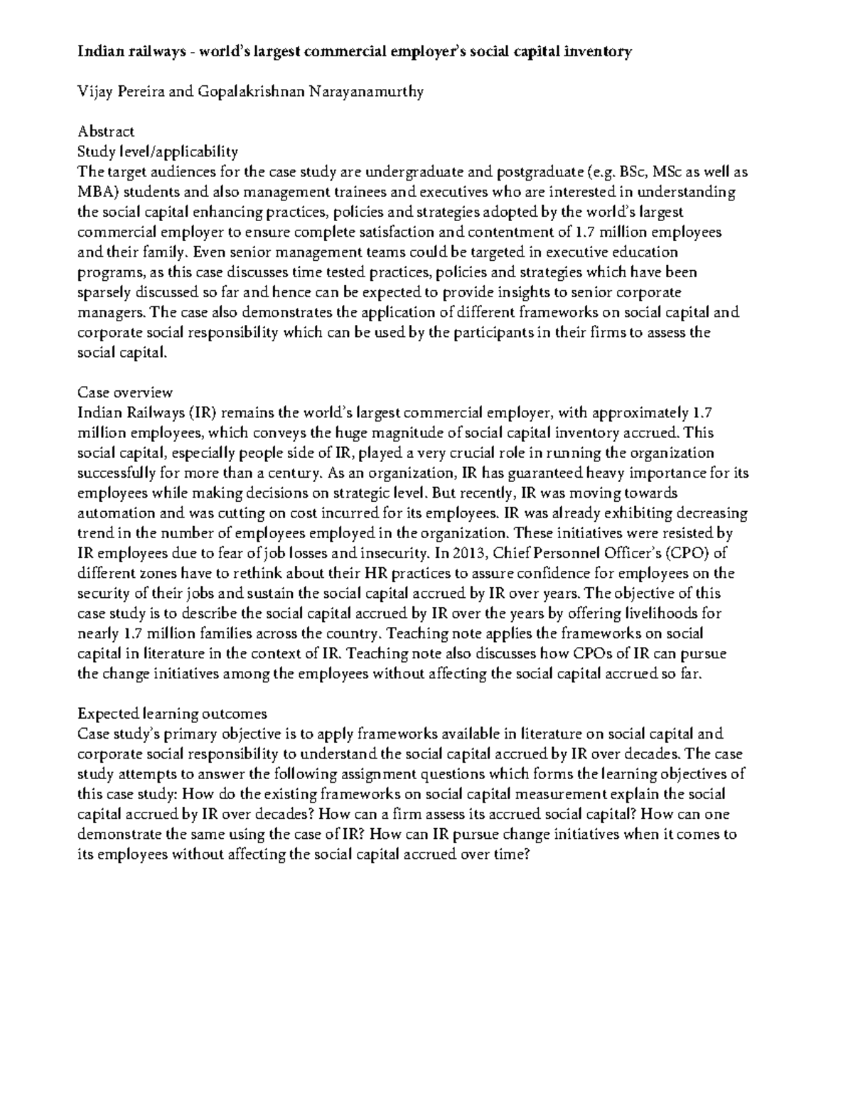 Social Capital Strategies in Indian Railways: A Case Study (MBA) - Studocu