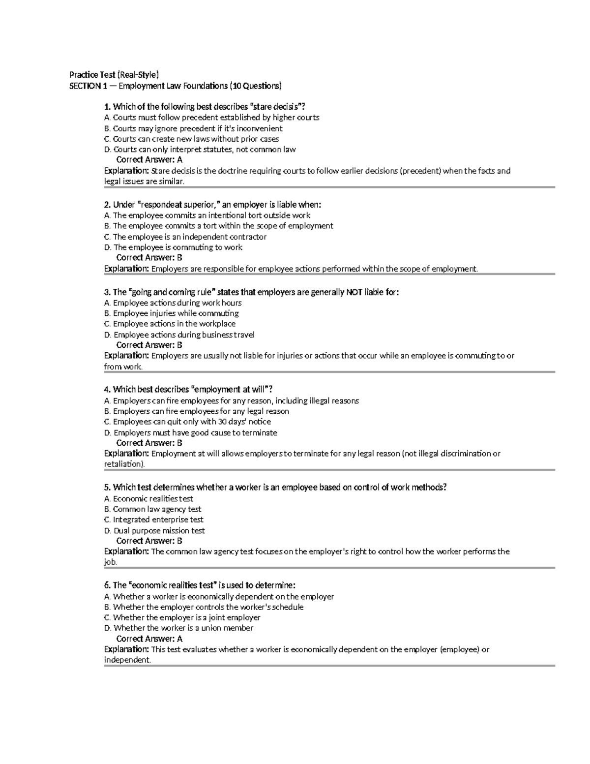 Practice Test: Employment Law Foundations (10 Questions) - Studocu