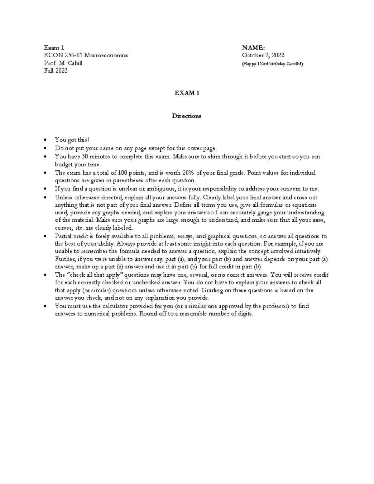 Midterm Exam Questions for ECON 256-01 Macroeconomics Fall 2023 - Studocu