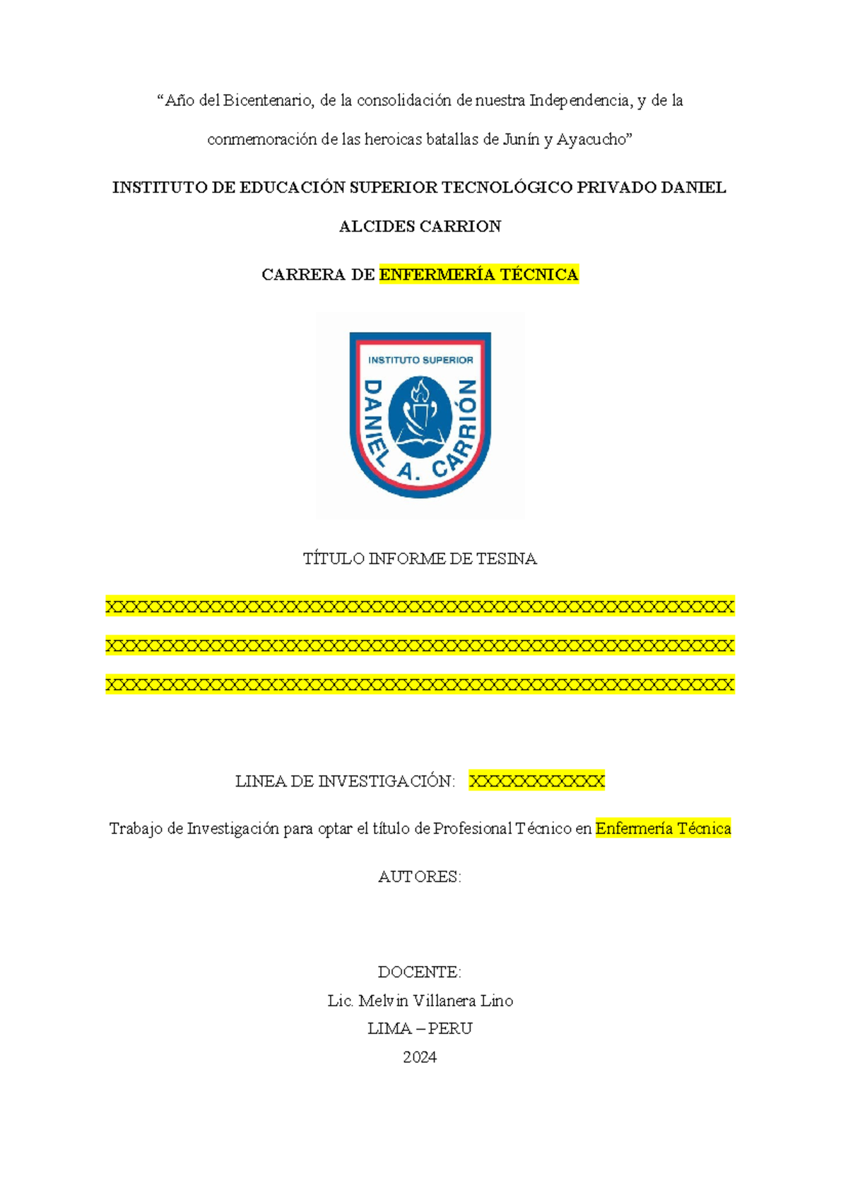 Informe de Tesina: Estructura y Metodología en Enfermería Técnica - 2024 - Document Preview