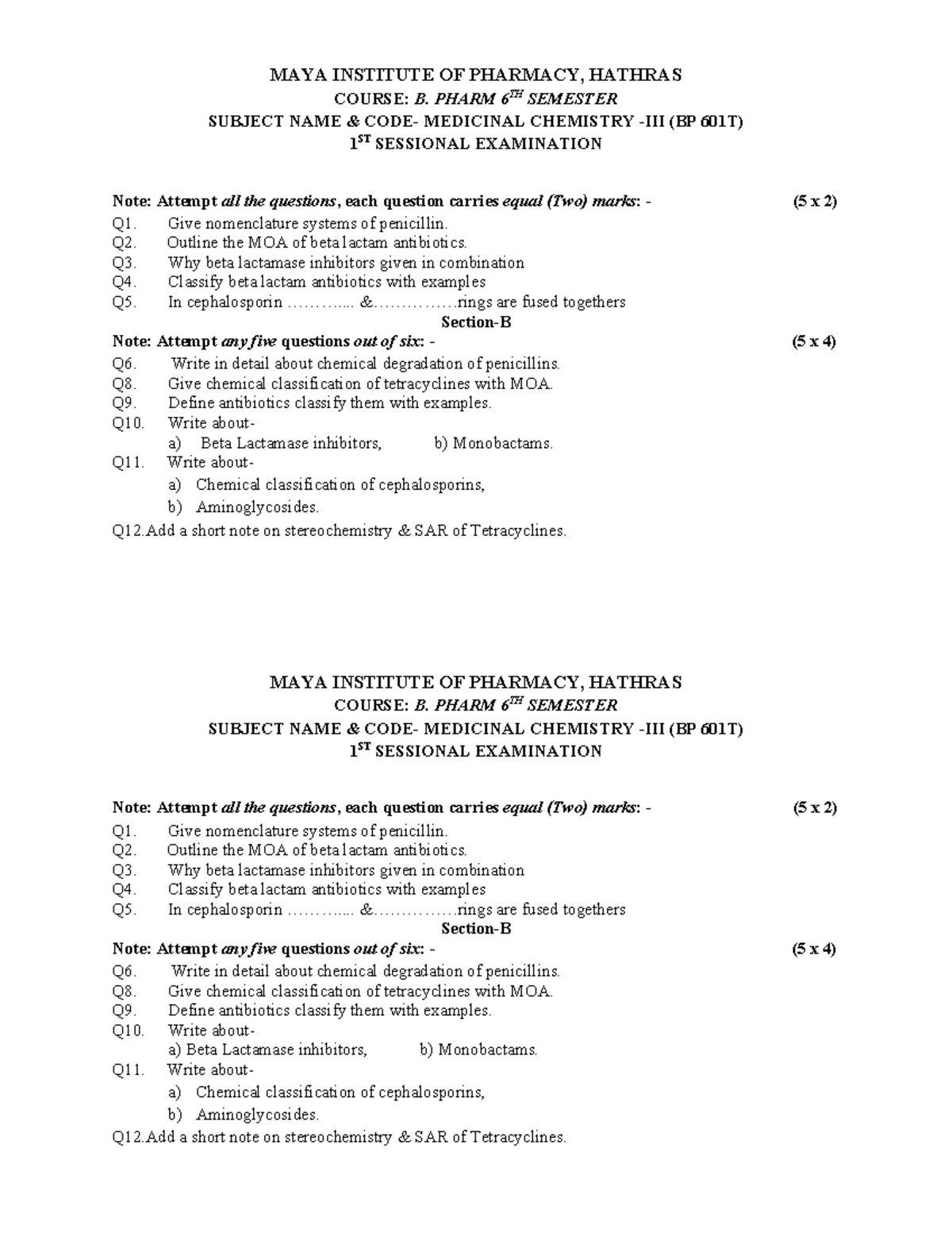 Anil Sir Papers - MAYA INSTITUTE OF PHARMACY, HATHRAS COURSE: B. PHARM ...