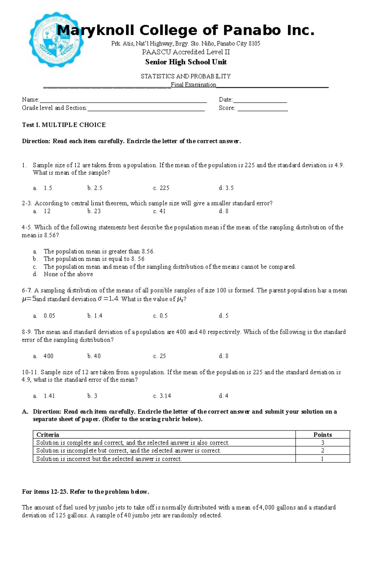 Final Exam: Statistics and Probability (STAT 101) Test I Questions ...