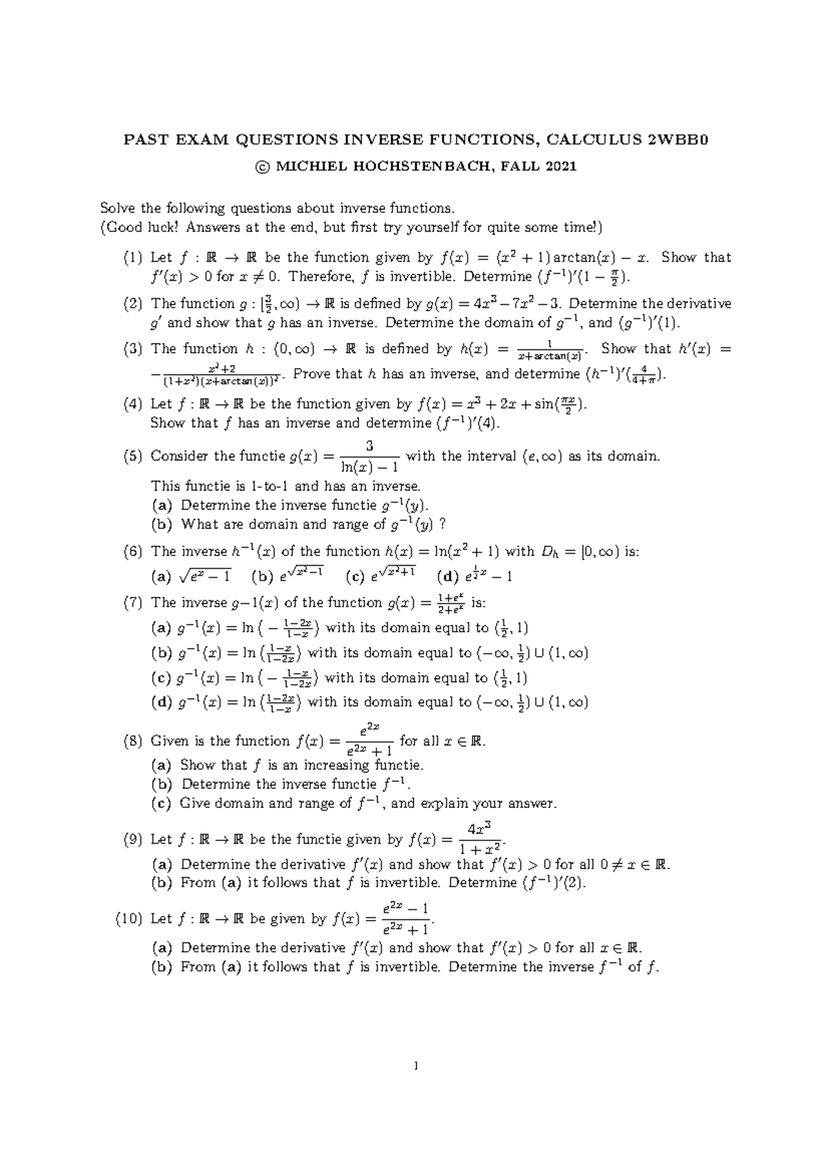 Past Exam Questions on Inverse Functions - Calculus 2WBB - Studeersnel