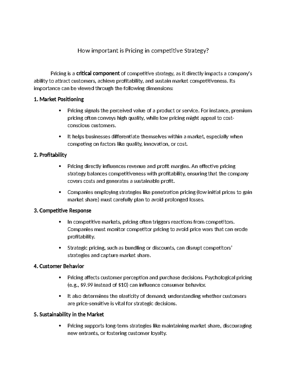 The Importance of Pricing in Competitive Strategy Analysis - Studocu