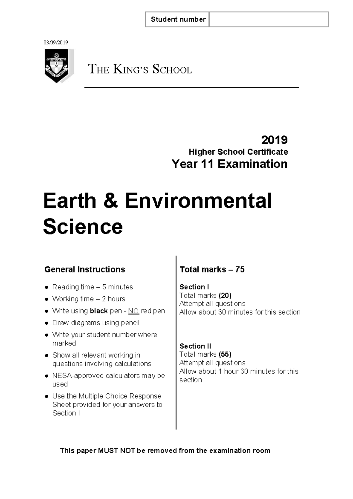 2019 P EES - Year 11 Earth Environmental Science Yearly Exam Paper ...