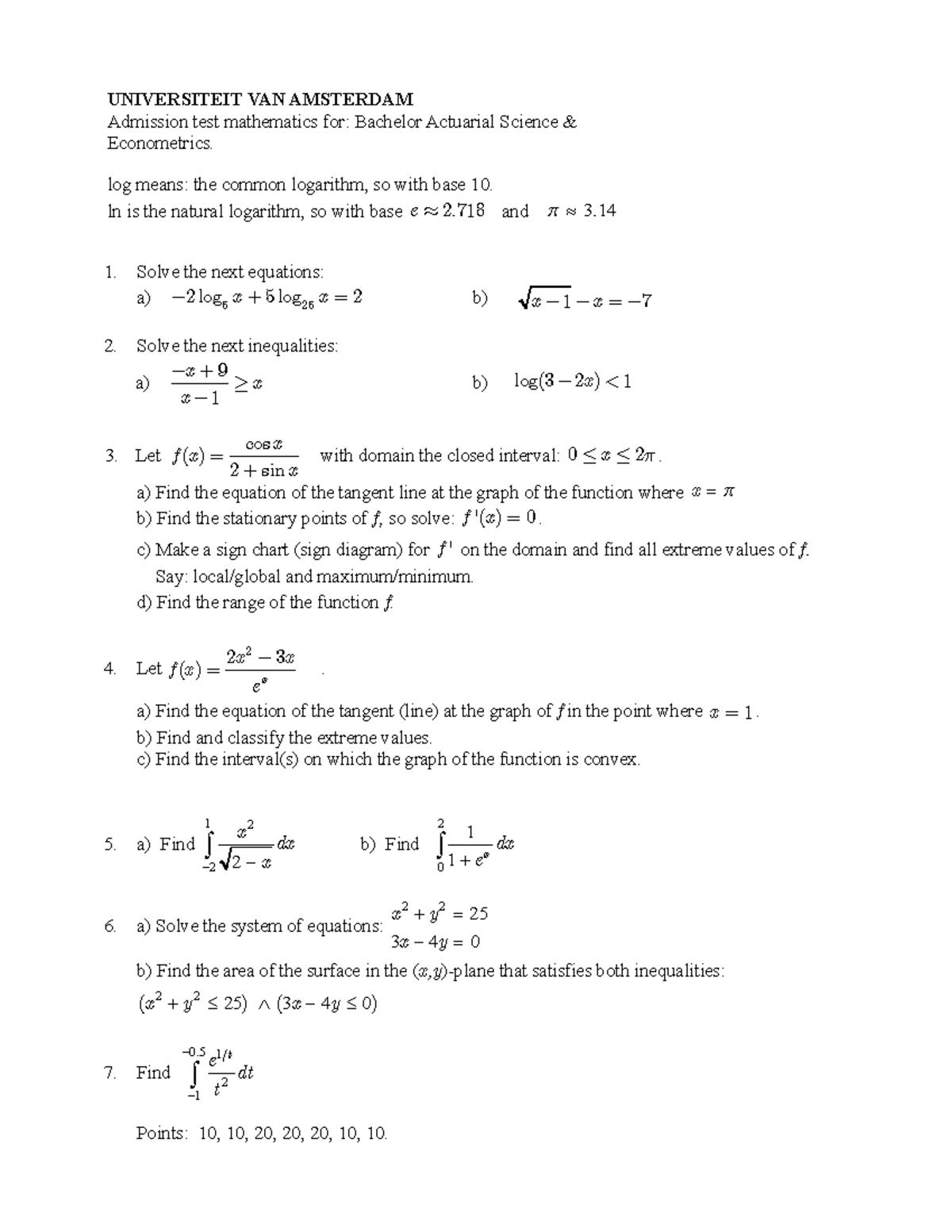 AE-Math-Test - Admission Mathematics for Business Analytics - Studeersnel