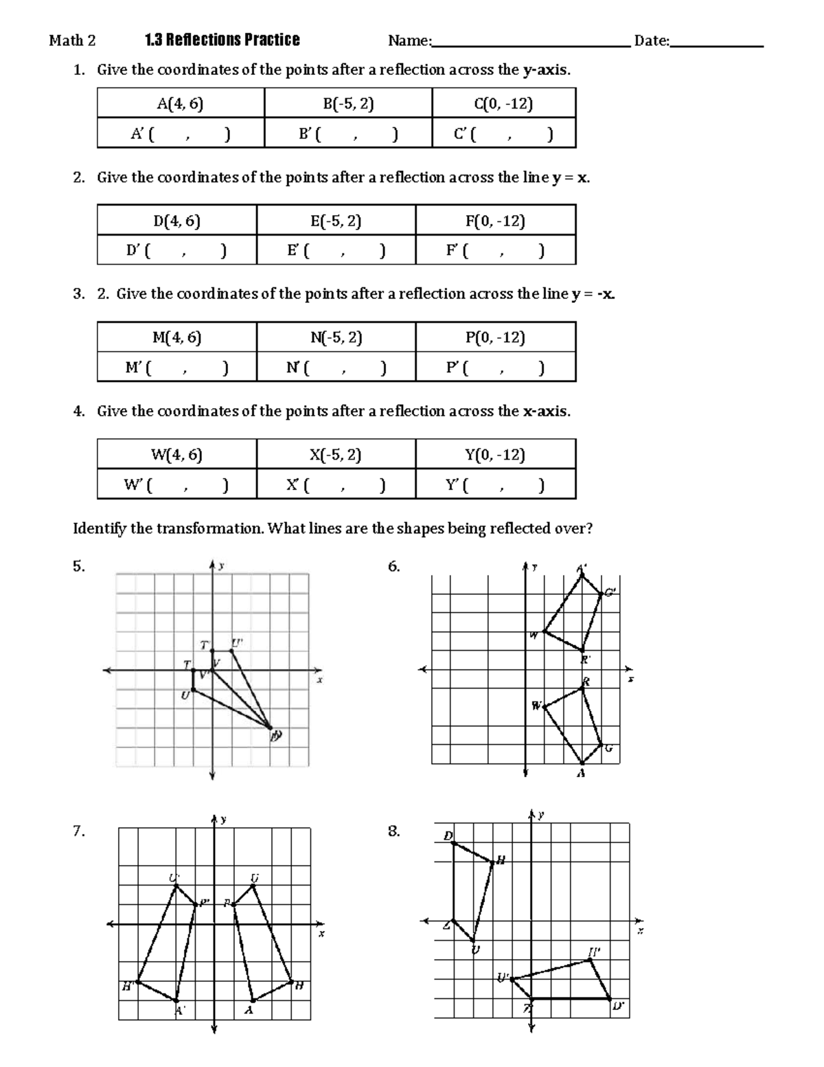 Math 2 Reflections Practice Problems and Solutions - Studocu