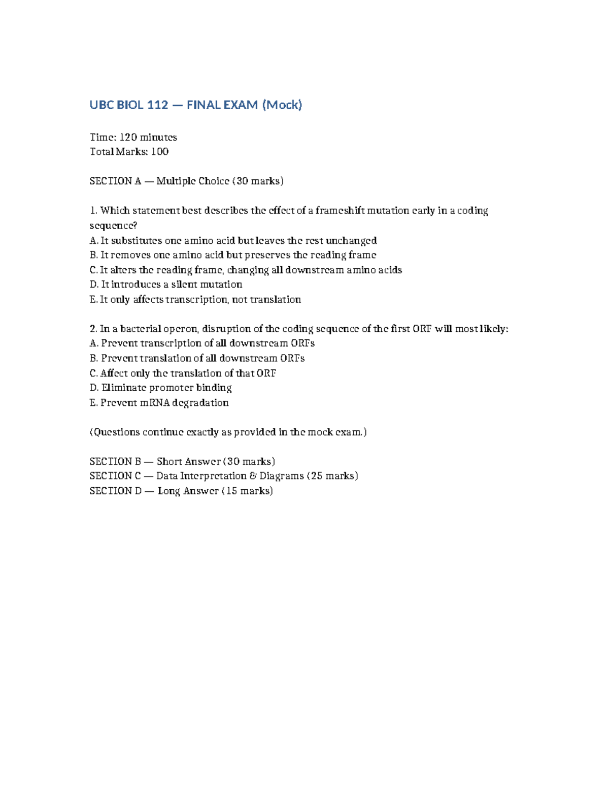 UBC BIOL 112 FINAL EXAM Mock: Comprehensive Review Guide - Studocu