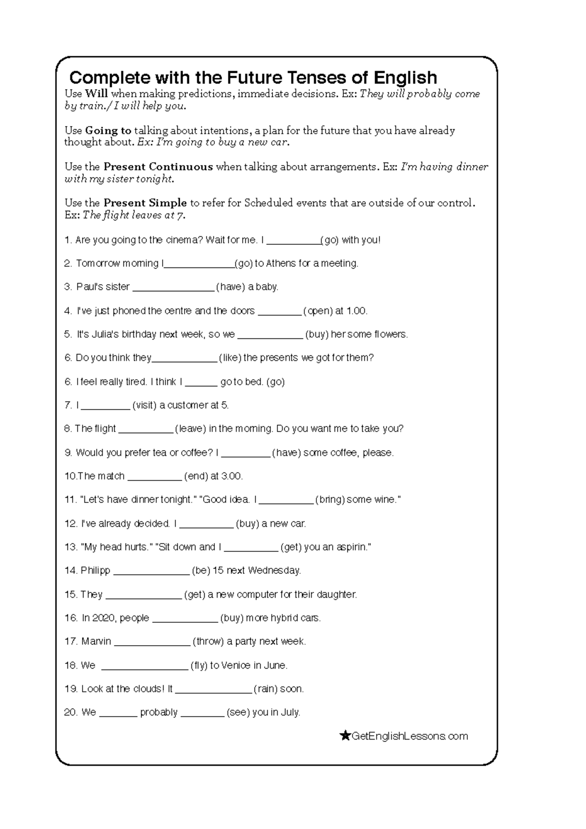 Future Tenses Practice Exercises - English Grammar Guide - Studocu