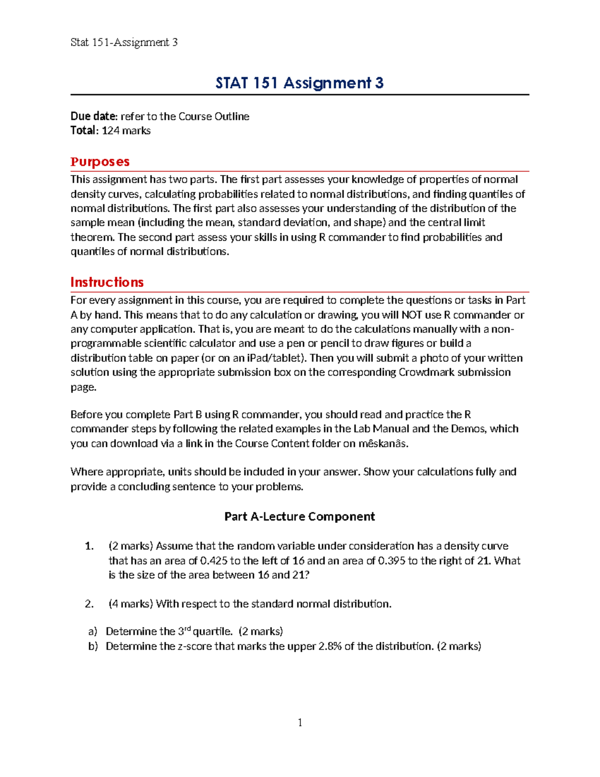 Stat 3 STAT 151 Assignment 3: Normal Distributions & R Commander ...