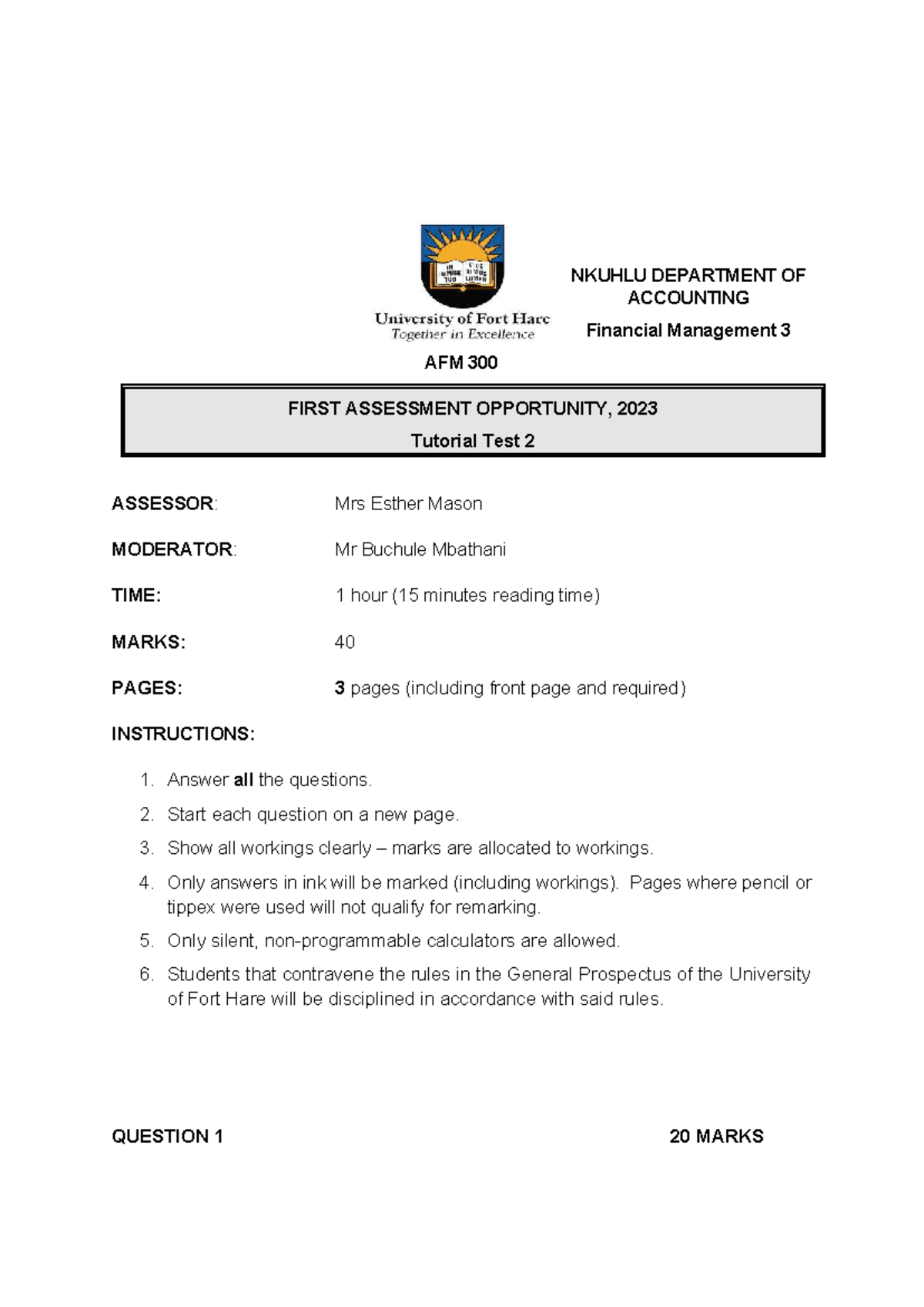 Financial management 3 AFM 300 tutorial test 2 questions and ...