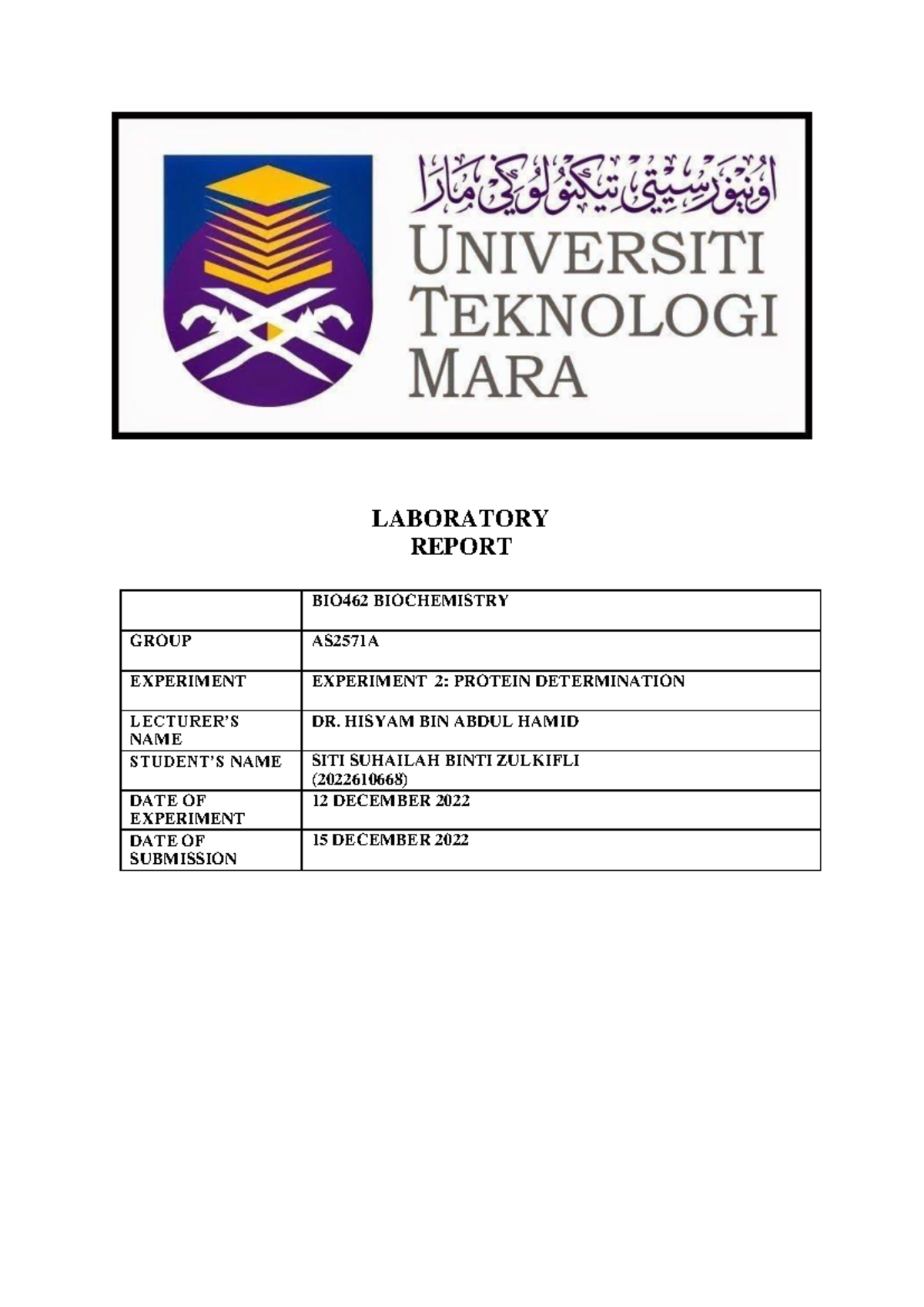 BIO462 LAB Report for Experiment 2: Protein Determination Methods - Studocu