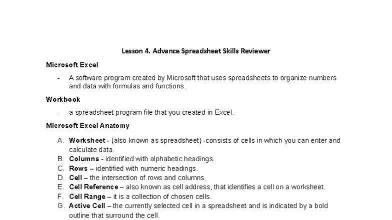 Lesson 4 Advanced Spreadsheet Skills Reviewer Emtech Studocu