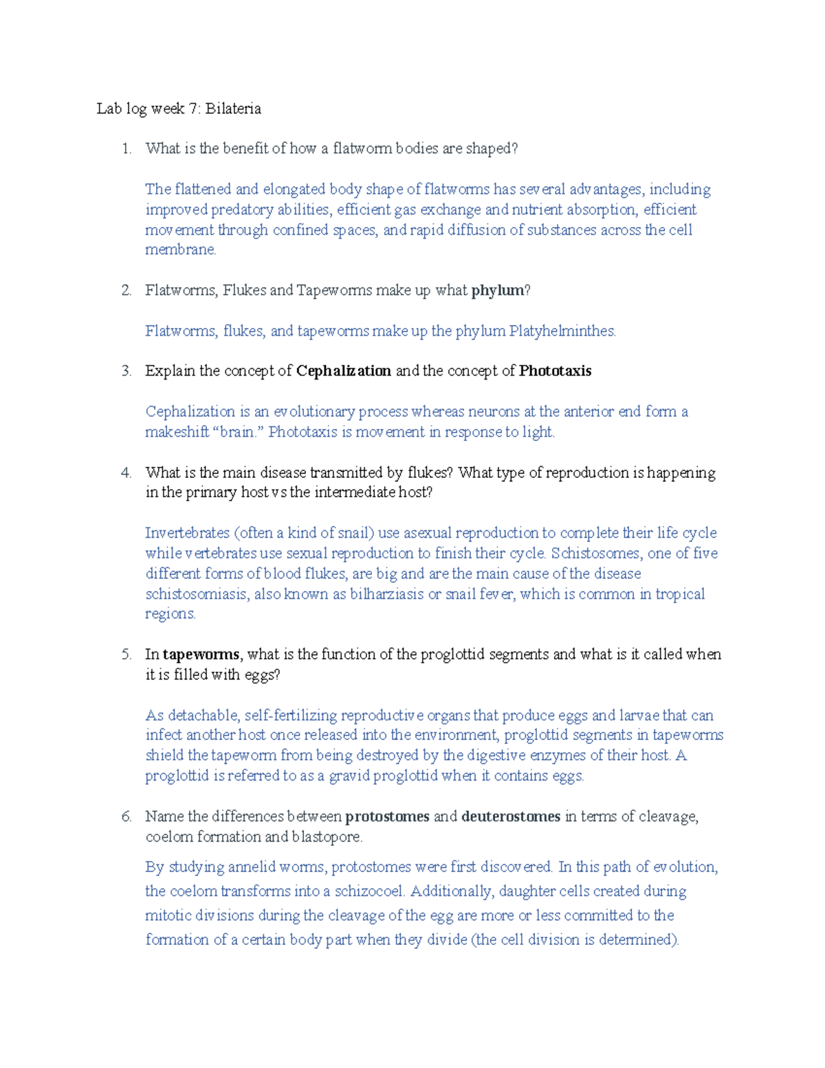 BSC 2011 L lab log week 7 - lab - Lab log week 7: Bilateria What is the ...