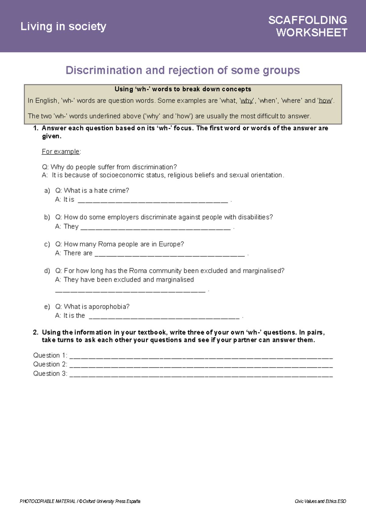 SCAFFOLDING WORKSHEET: Discrimination & Civic Values (ESO) - Studocu