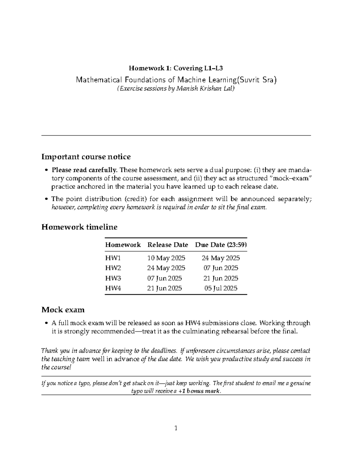 HW1: Mathematical Foundations of Machine Learning Overview - Studocu