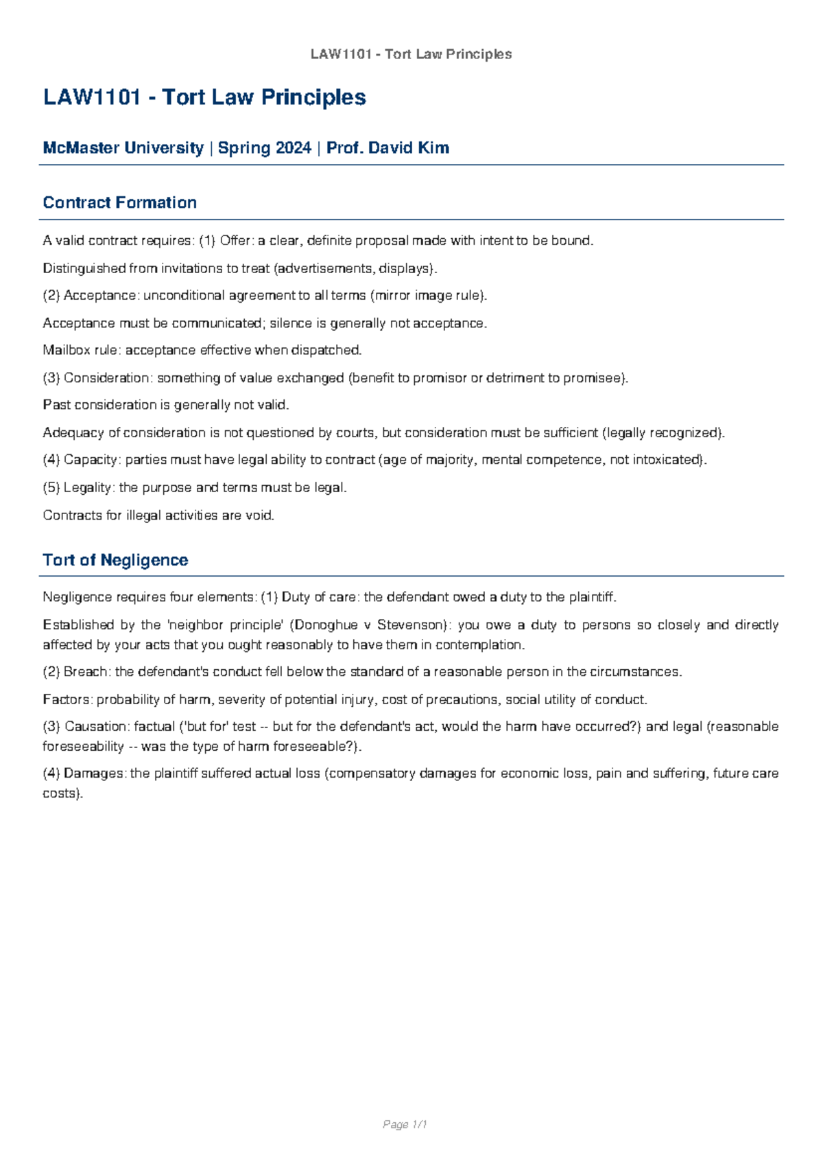 LAW1101 Tort Law Principles Study Notes - Spring 2024 - Studocu