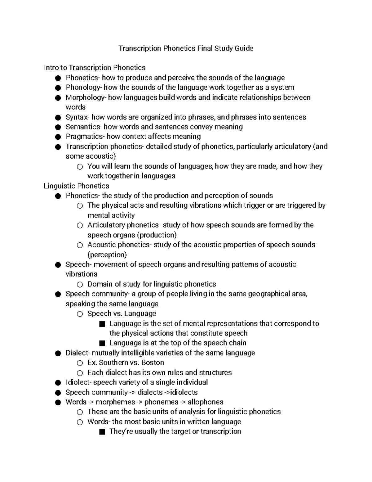 Transcription Phonetics Final Exam Study Guide (Course Code: PHON101 ...