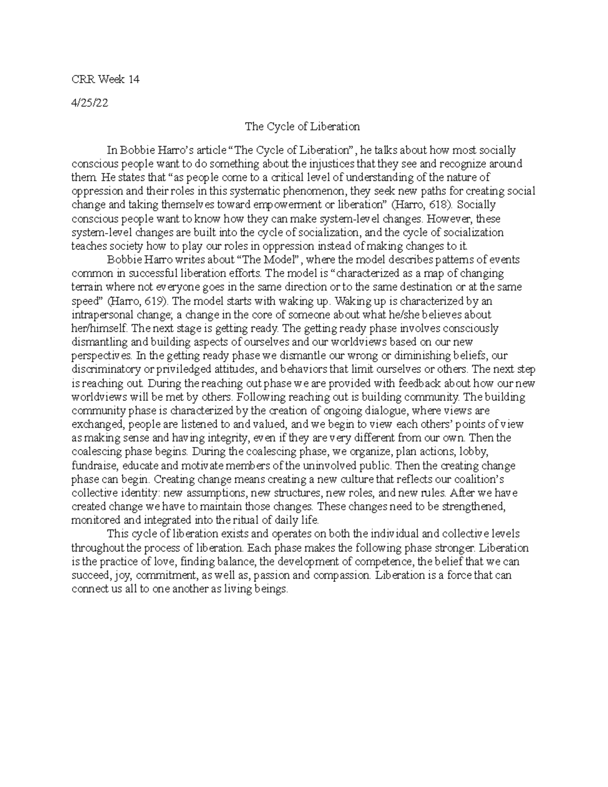 CRR Week 14 - Reflection on Harro's Cycle of Liberation in EDUC 210 ...