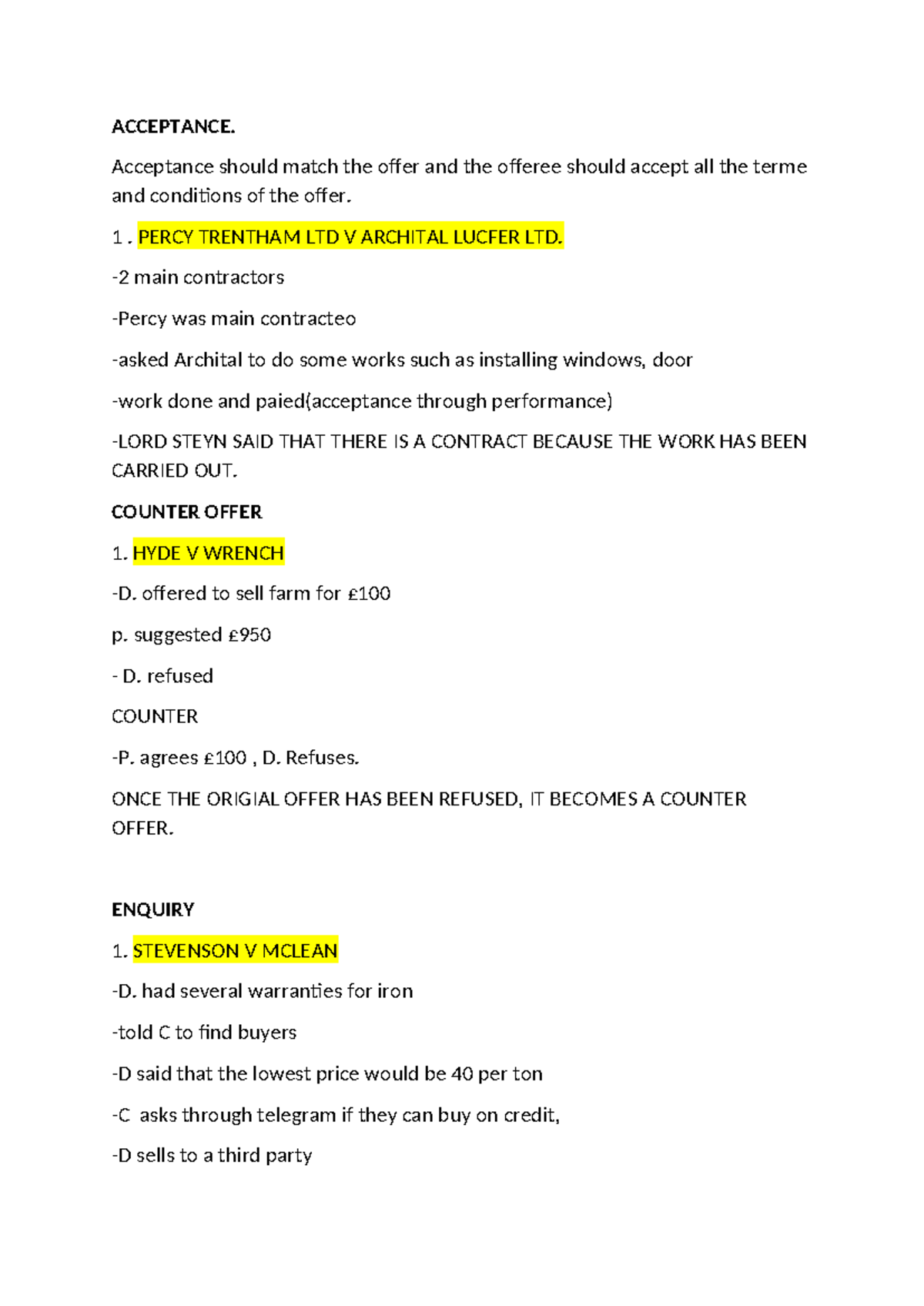 Acceptance - notes - ACCEPTANCE. Acceptance should match the offer and ...