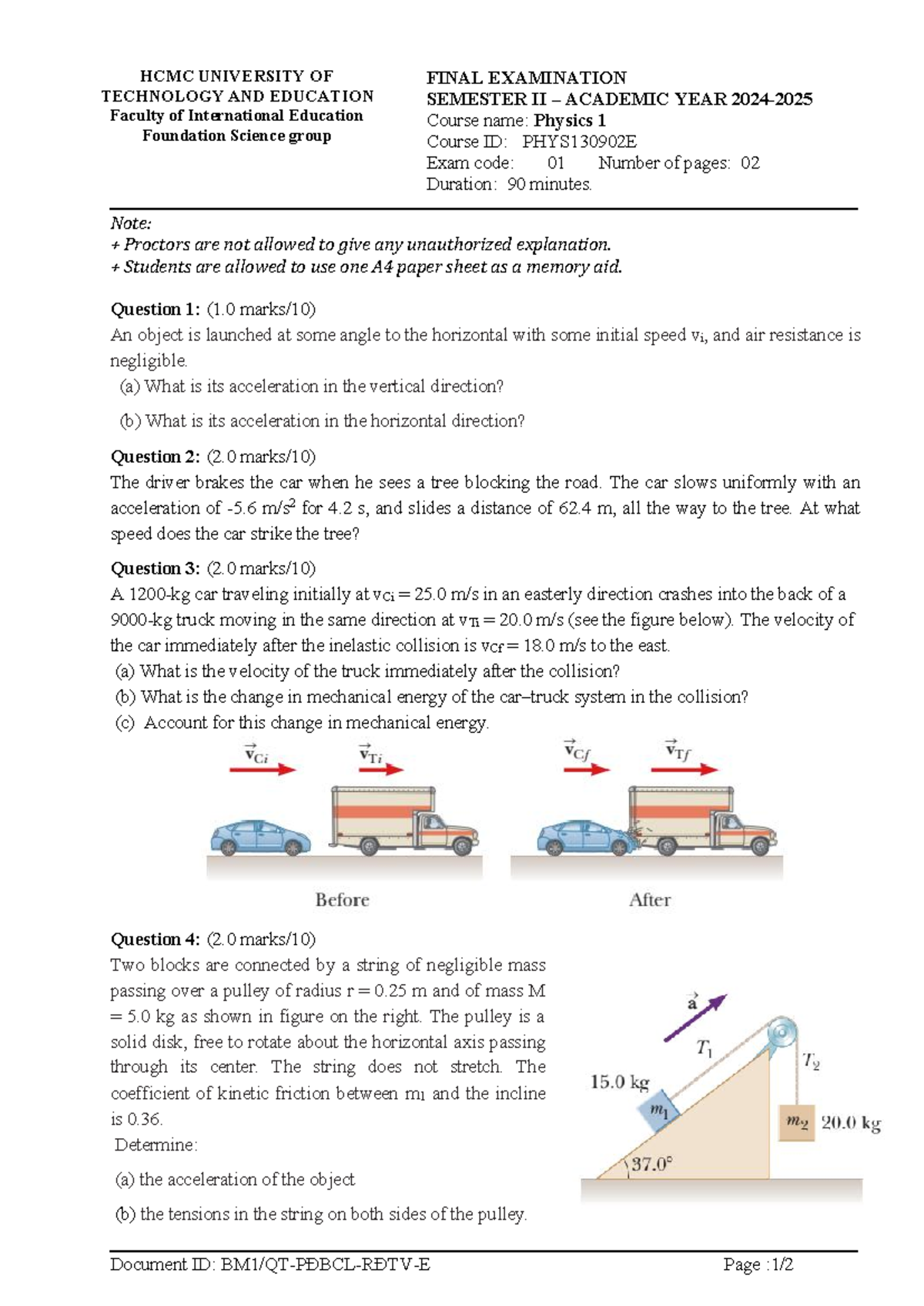 Final Exam PHYS130902E: Physics 1 - Semester II 2023 - Studocu