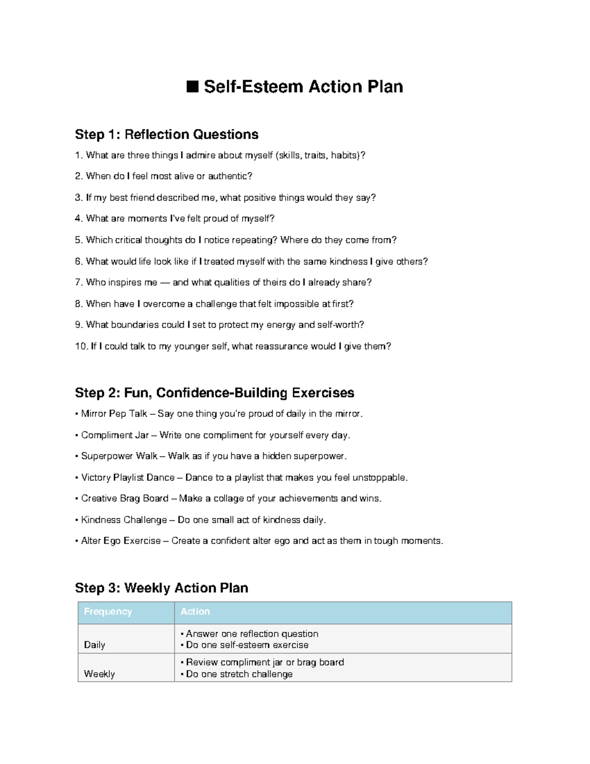 Self-Esteem Action Plan: Reflection & Exercises Guide - Studocu