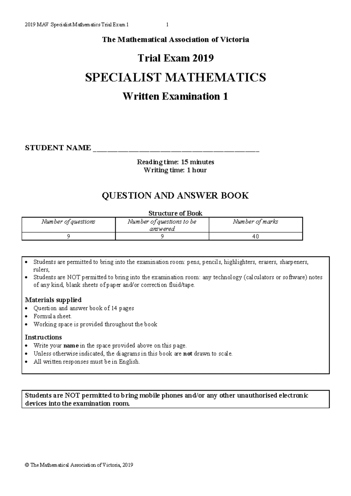 2019 Specialist Mathematics Exam Paper - Question Booklet 1 - Studocu
