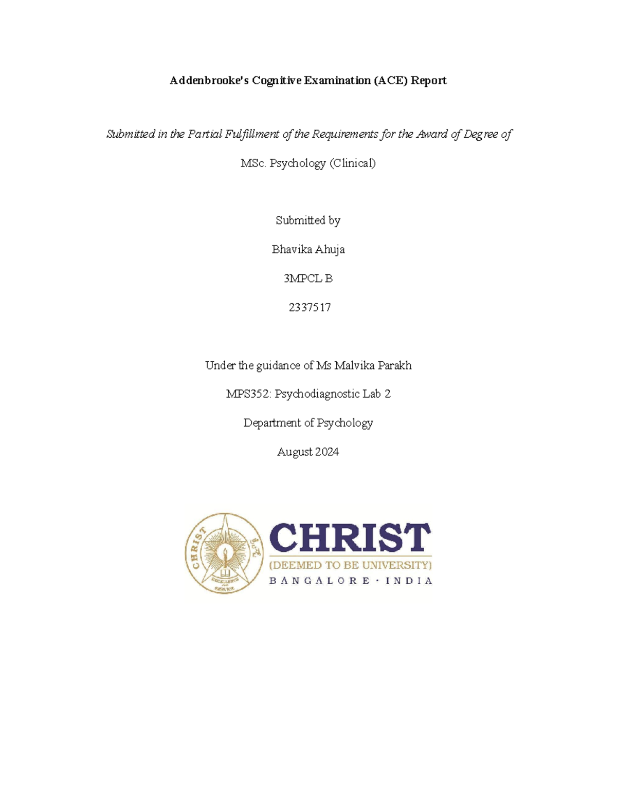 ACE-III Cognitive Examination Report - MPS352: Psychodiagnostic Lab 2 ...