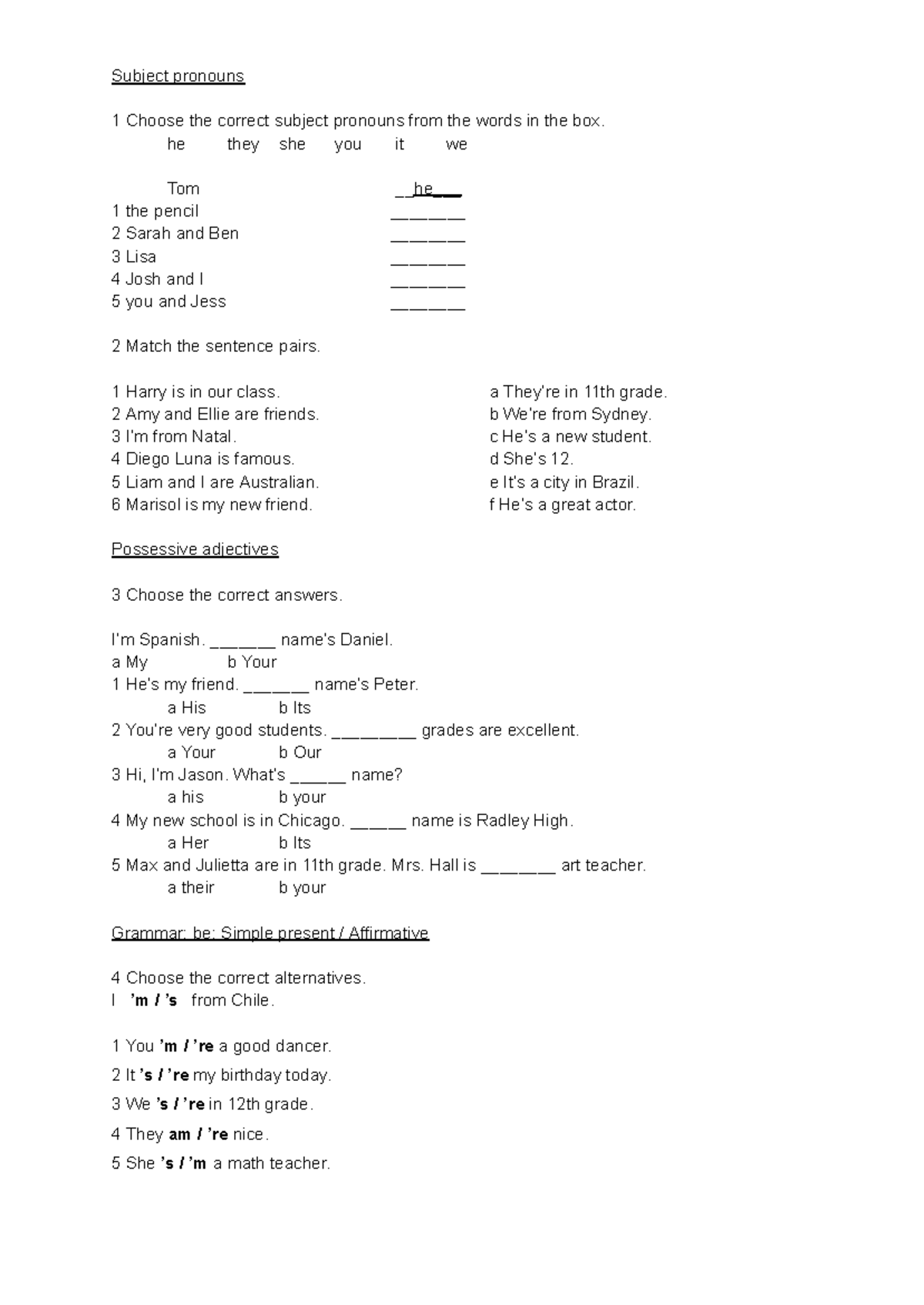 Unit 1 IT1 Grammar Exercises: Subject Pronouns & Be Forms - Studocu