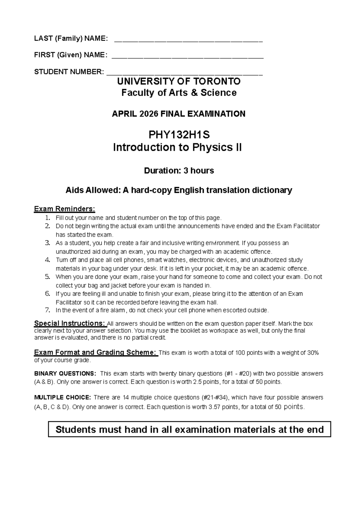 Final Exam PHY132H1S: Introduction to Physics II Guidelines - Studocu