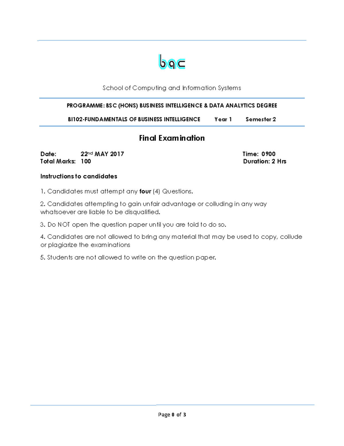 BI102 Final Exam 2017: Business Intelligence & Data Analytics - Studocu