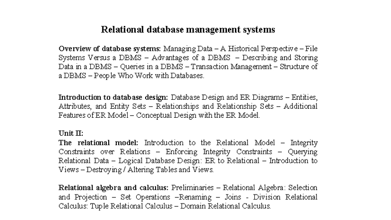 RDBMS Syllabus Overview: Key Concepts and Topics - Studocu