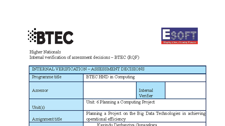 BTEC HND Computing Unit 6: Big Data Project Planning Guide - Studocu
