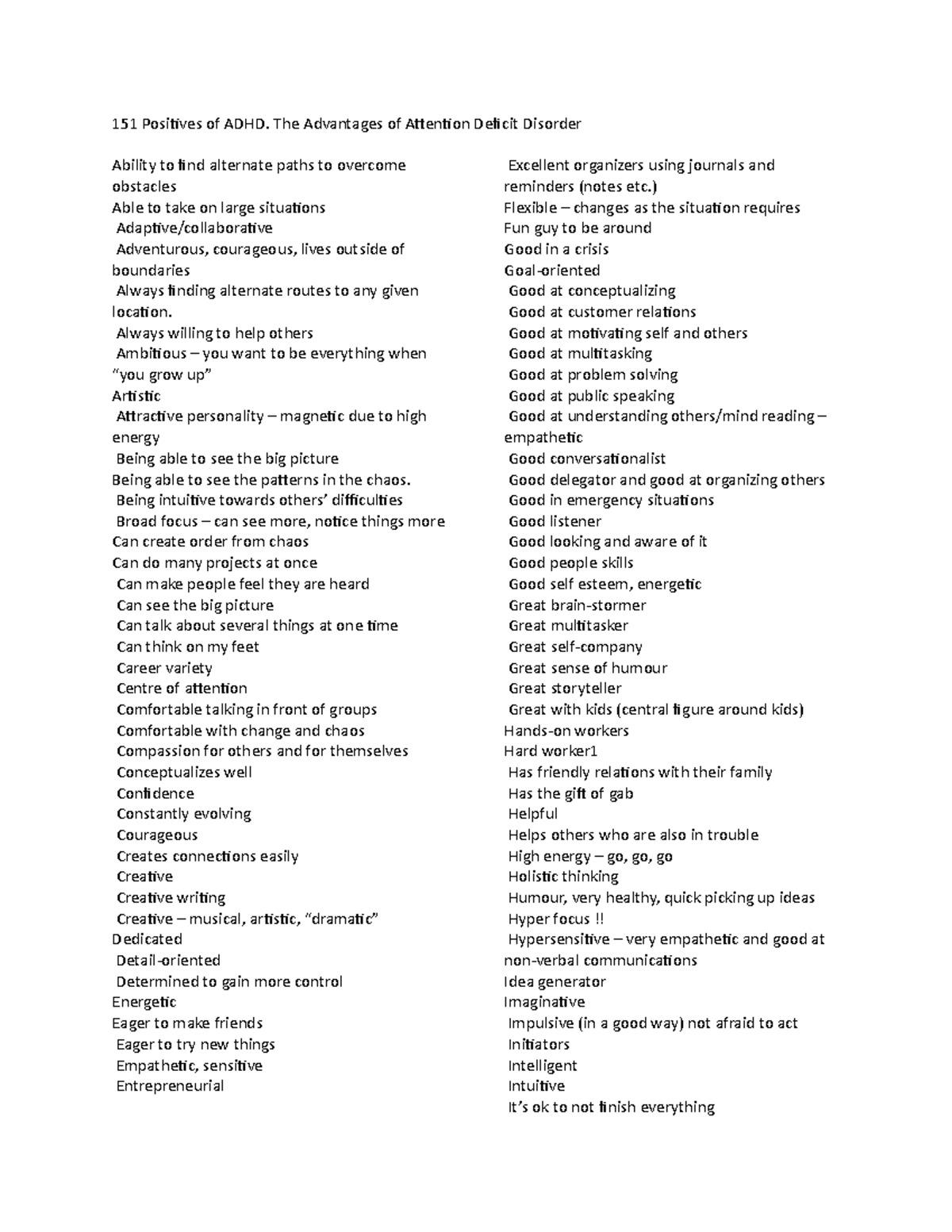 151 Positive Aspects of ADHD: Embracing Unique Strengths - Studocu