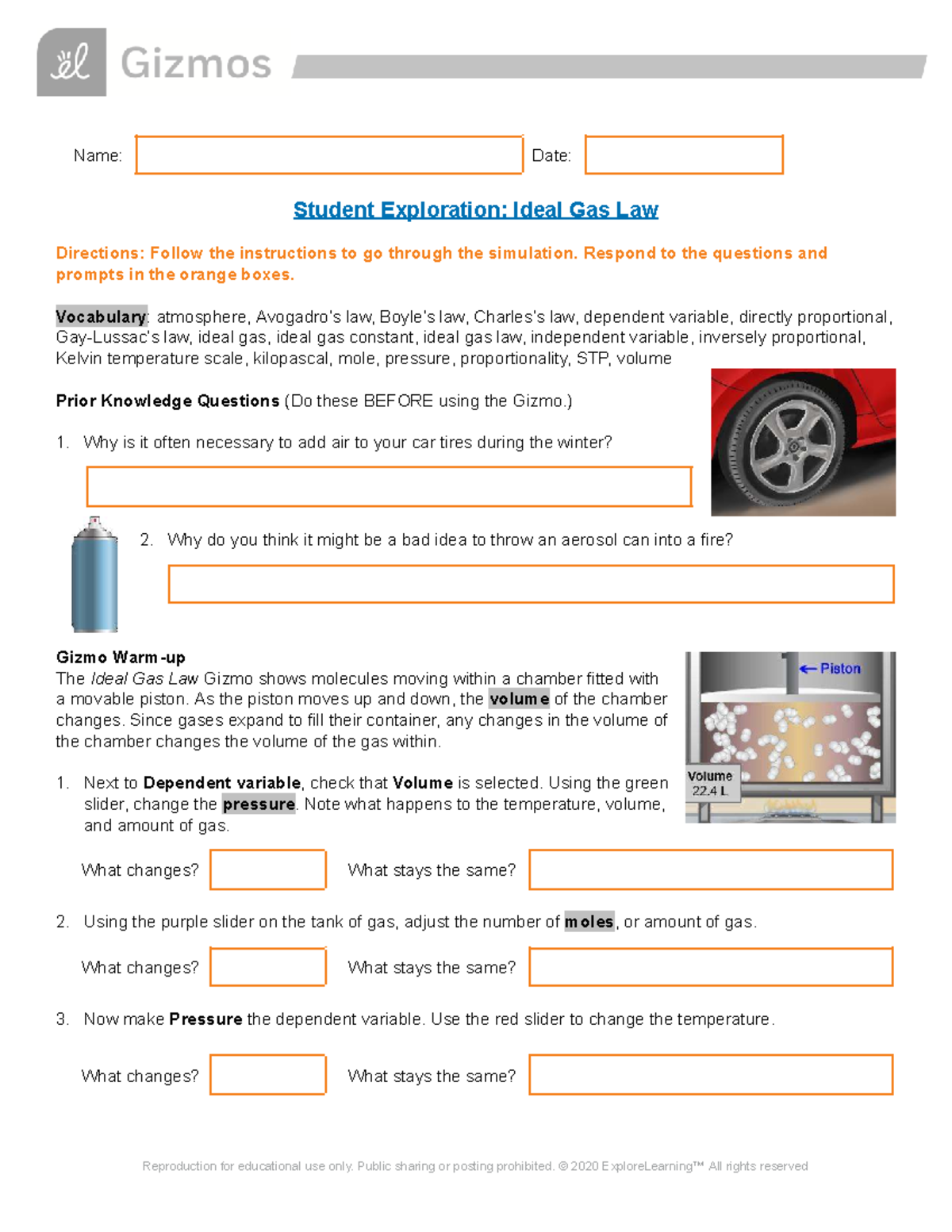 Ideal Gas Law Exploration: Gizmo Activity Guide - Studocu