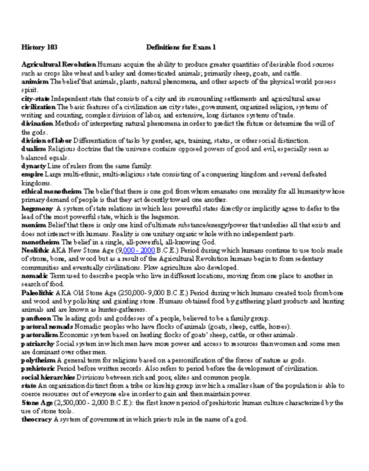 History 103 Exam 1 Study Guide: Key Definitions and Concepts - Studocu