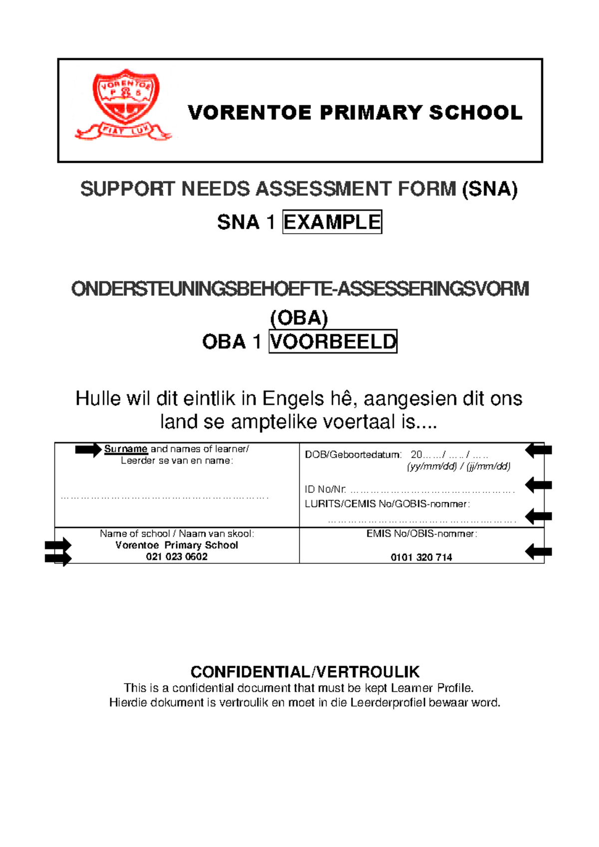 SNA1 Example Support Needs Assessment For Vorentoe Primary School 