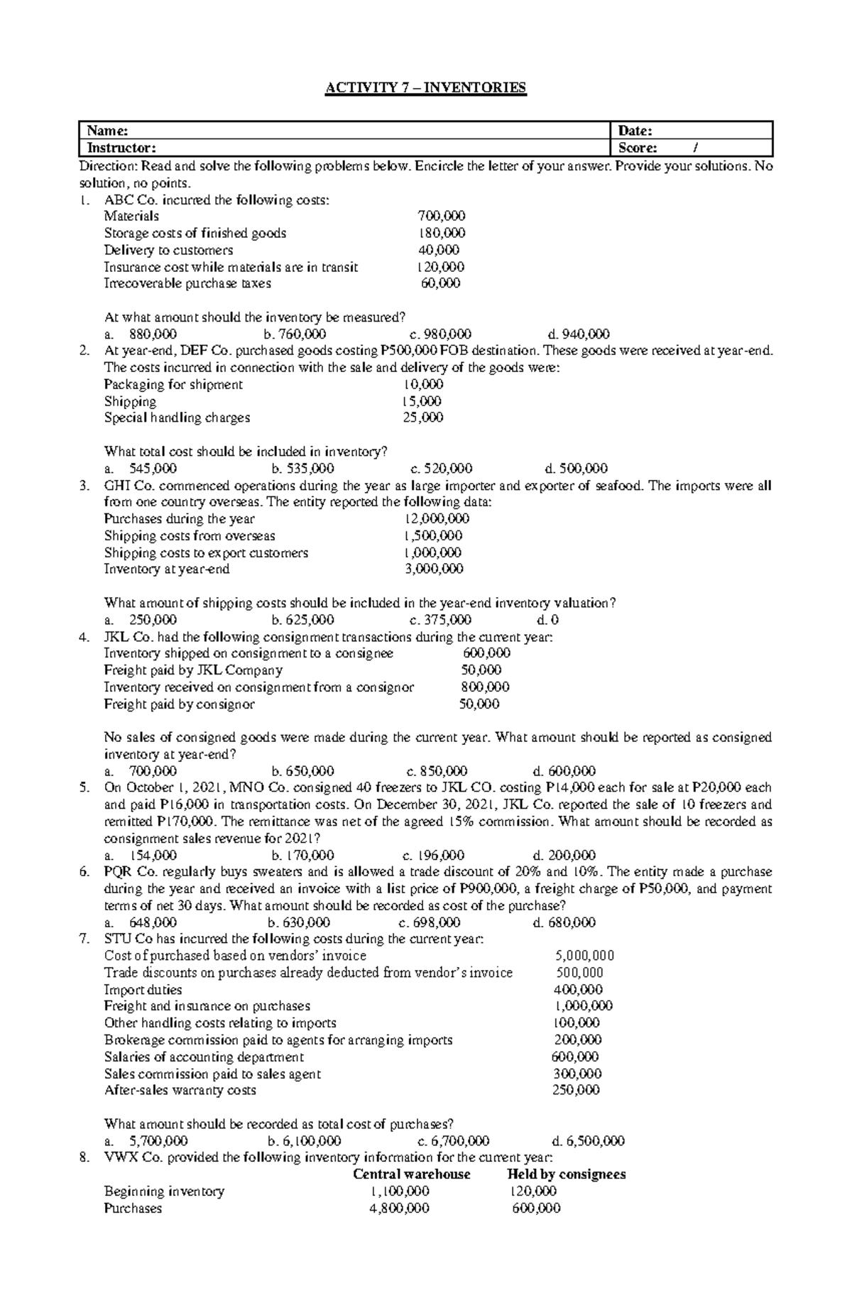 Activity 7: Inventory Problems and Solutions (Course Code: ACT-INV ...