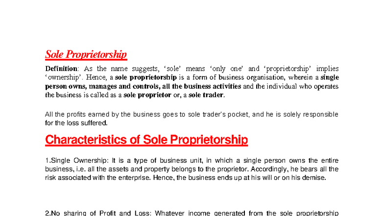 Sole Proprietorship Overview: Definition & Key Characteristics - Studocu